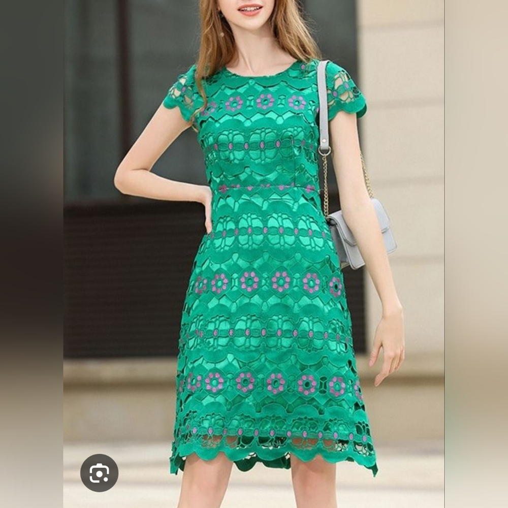 Black Rose Green Crochet Lace Scallop Hollow Out Dress Women’s Size Large L